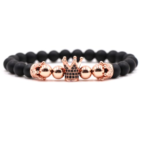 SMTSEC Roségoldenes Kronen Charm Armband 8mm Schwarz Mattes Perlen ArmbandUnisex Modisches Stretch Armband Naturstein Perlen Trendiges Armband Geschenke für Männer und Frauen von SMTSEC