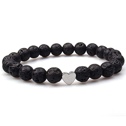 SMTSEC Vulkanstein Perlen Armband8mm Naturstein Perlen Bettelarmband Silbernes Liebesherz Accessoires Modisches Armband für Männer und Frauen Sport Yoga Armband von SMTSEC