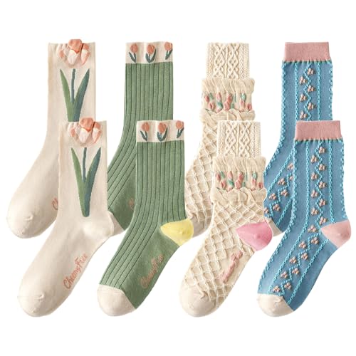 4 Paar Socken Damen,Vintage Blumen Baumwollsocken für Damen Bunte Socken Socken Mit Rüschen Damen Pop Socken Pop Socken Damen Vintage Socken Mit Bestickten Blumen One Size Wandersocken Damen Socken von SMTelegance