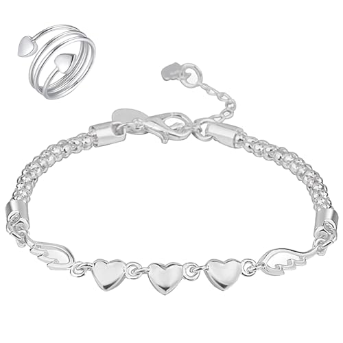 Charm Armband Armband Mädchen, Für Immer Liebe Herz Charm Link Armband Für Frauen, Verstellbarer Hypoallergener Liebesanhänger mit 1 Herzförmigen Ring, Geburtstags und Urlaubsgeschenk für Frauen von SMTelegance