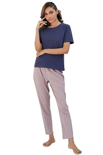 SNOOZE OFF Damen Schlafanzug | 2-Teiliges Pyjama-Set |Kurzarm-Oberteil in Dunkel Lila & Lange Hose in hell Lila mit Punktedruck | Rüschendetails & Kordelzug | 100% Baumwolle von SNOOZE OFF