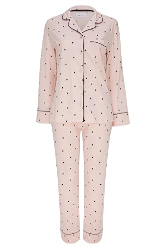 SNOOZE OFF Damen Schlafanzug | Zartes Rosa/Beige mit Schwarzen Herzen | 100% Baumwolle | Klassischer Pyjama mit Schwarzer Kontrastpaspelierung | V-Ausschnitt & Brusttasche | Lange Ärmel & Hose SNOOZE OFF Damen Schlafanzug | Zartes Rosa/Beige mit Schwarzen Herzen | 100% Baumwolle | Klassischer Pyjama mit Schwarzer Kontrastpaspelierung | V-Ausschnitt & Brusttasche | Lange Ärmel & Hose von SNOOZE OFF