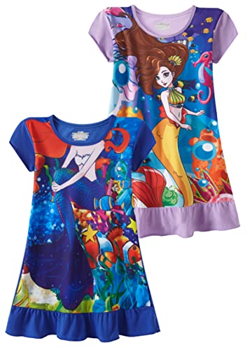 SOIBEEN Mädchen Nachthemden 3D Nachthemden 2er-Pack Nachthemd Baumwolle Nachtwäsche für Mädchen 2-9 Jahre, Mermaida Short blau orange, 116 von SOIBEEN