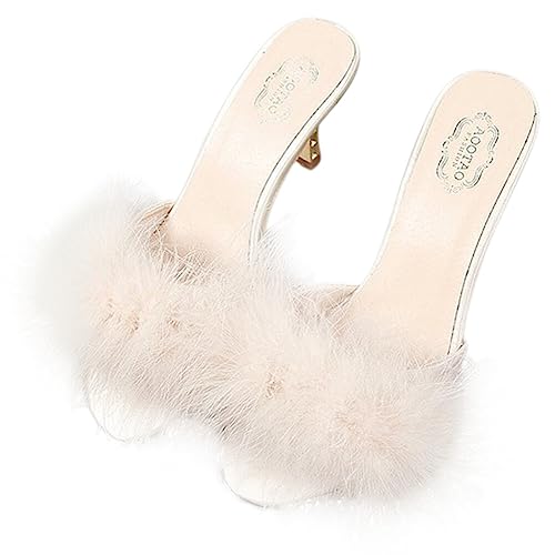 SOIMISS Damen-Hausschuhe mit hohem Absatz, flauschige Hausschuhe, klare Absätze, dünne Absätze, Pantoletten, Sandalen, Slipper, High Heels, Party, Abschlussball, Schuhe, Weiss/opulenter Garten, 39 EU von SOIMISS