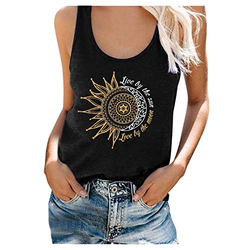 SOIUTAO Damen Tanktop Loose Fit Tank Tops Ärmellose Shirts Spaghettiträger Monddruck Elegant Mode Camisole Gemütlich Hemd Sommerweste Rundhalsausschnitt Sommerwesten, Schwarz, S von SOIUTAO