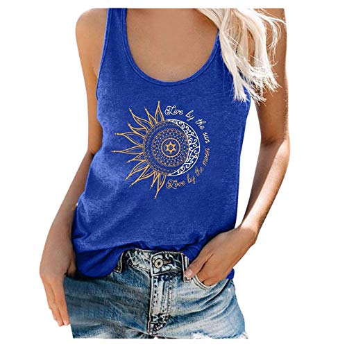 SOIUTAO Damen Tanktop Loose Fit Tank Tops Ärmellose Shirts Spaghettiträger Monddruck Elegant Mode Camisole Gemütlich Hemd Sommerweste Rundhalsausschnitt, Blau, M von SOIUTAO