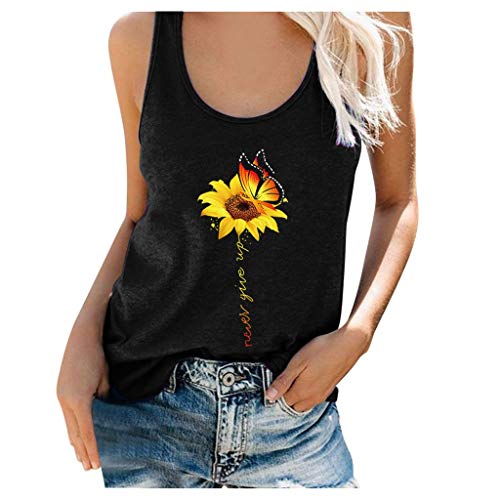 SOIUTAO Damen Tanktop Sonnenblumendruck Loose Fit Tank Tops Ärmellose Shirts Spaghettiträger Monddruck Mode Camisole Gemütlich Hemd Schmetterlingsdruck Sommerweste Rundhalsausschnitt, Schwarz-2, L von SOIUTAO