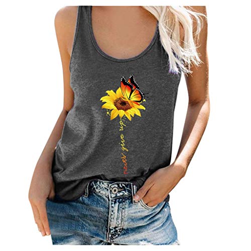 SOIUTAO Damen Sonnenblumendruck Loose Fit Tank Tops Ärmellose Shirts Spaghettiträger Monddruck Elegant Mode Camisole Gemütlich Hemd Schmetterlingsdruck Sommerweste Rundhalsausschnitt,Drak Grau-2,S von SOIUTAO