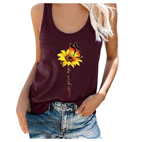 SOIUTAO Damen Tanktop Sonnenblumendruck Loose Fit Tank Tops Ärmellose Shirts Spaghettiträger Tops Monddruck Elegant Mode Camisole Gemütlich Hemd Schmetterlingsdruck Sommerweste Rundhalsausschnitt von SOIUTAO