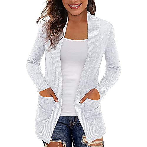 SOIUTAO Kurze Strickjacke Damen Weiss Herbst Strickjacken mit Taschen Lässige Leichte Strickjacke Offener Vorderseite Kurz Einfarbig Klassischer Stil Weich von SOIUTAO