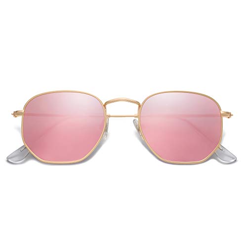 SOJOS Mode Polygon Sonnenbrille Damen Herren Verspiegelte Polarisiert Linse Leichte Unisex Brille SJ1072 mit Gold Rahmen/Rosa Linse von SOJOS