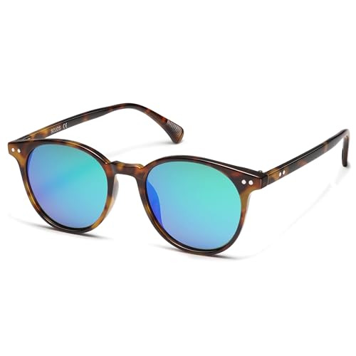 SOJOS Polarisiert Runde Sonnenbrille Damen Herren Retro Vintage UV400 Schutz Runde Kleine für Schmales Gesicht MAY SJ2113 mit Schildkröten Rahmen/Blau-grünliche Linse von SOJOS