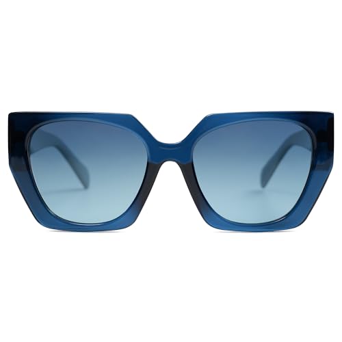 SOJOS Sonnenbrille Damen Polarisiert Vintage, Retro Cateye Sonnenbrille Verspiegelt Groß Eckig Schwarz Modern UV400 Katzenauge Brille SJ2205 mit Dunkelblau/Blau von SOJOS