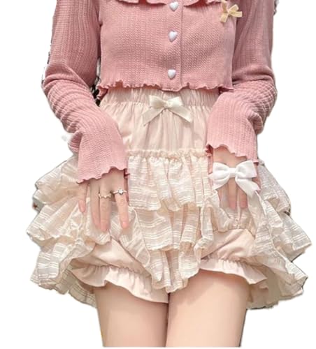 SOLILOQUY Damen Lolita Kawaii Mini Röcke Elastische Taille gestufte Rüschen Minirock/Skort Japanischer Koreanischer süßer süßer Rock, aprikose, Klein von SOLILOQUY