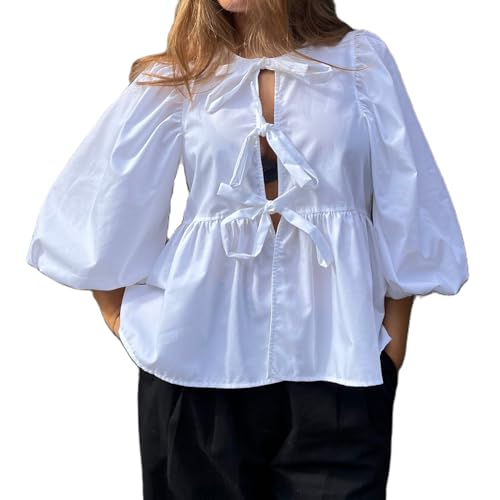 SOLILOQUY Y2K Damenbluse mit Schnürung vorne, kurze Puffärmel, Schößchen-Shirt, kokette Rüschenbesatz, Babydoll-Top, Sommer, Ausgehen, Weiße Bluse mit Schnürung vorne, X-Groß von SOLILOQUY