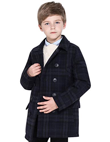 SOLOCOTE Jungen Mantel Elegante Kerbe Kragen Double Breasted Wolle Mischung über Erbsenmantel Navy/Grey Check 13-14Y von SOLOCOTE