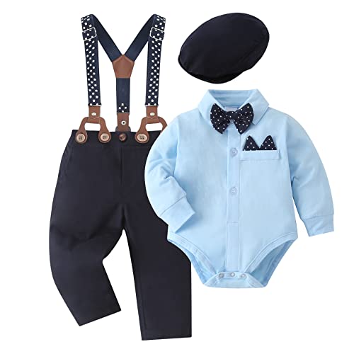 SOLOYEE Baby Jungen Bekleidungssets Taufanzug Strampler mit Fliege + Gentleman HosenträGer Baby Junge Hochzeit Outfit Set 4tlg Blau, 3-6 Monate von SOLOYEE