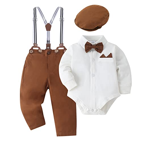 SOLOYEE Baby Jungen Bekleidungssets Taufanzug Strampler mit Fliege + Gentleman HosenträGer Baby Junge Hochzeit Outfit Set 4tlg Weiß, 0-3 Monate von SOLOYEE