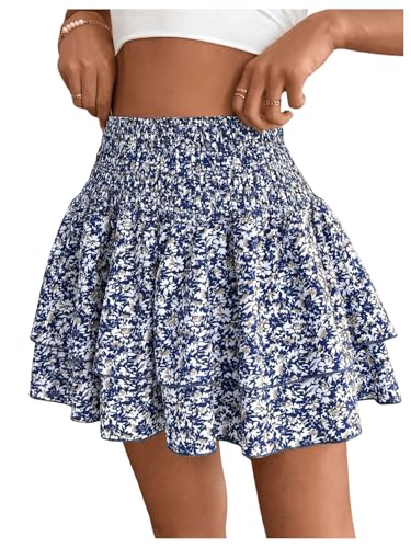 SOLY HUX Damen Rock Sommer Böhmisch A-Linien Röcke Blumenmuster Kurz Rock Hohe Taille Sommerrock Mehrschichtig Casualrock Strandoutfit Dunkelblau L SOLY HUX Damen Rock Sommer Böhmisch A-Linien Röcke Blumenmuster Kurz Rock Hohe Taille Sommerrock Mehrschichtig Casualrock Strandoutfit Dunkelblau L von SOLY HUX