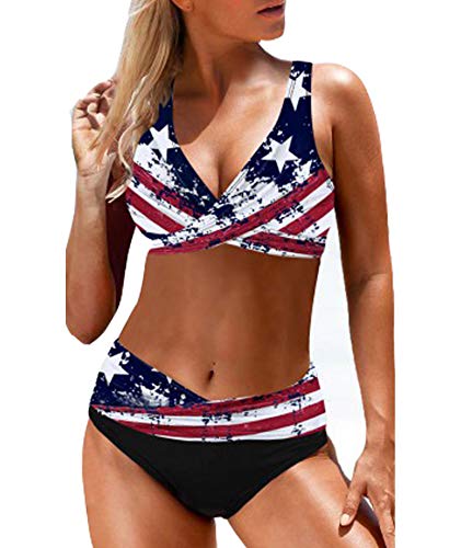 SOMTHRON Damen Bikini Set, Zweiteiliger Bikini für Damen, Damen-Bikini, USA-Flagge, amerikanische Flagge Bikini，Streifen US Amerikanische Flagge, Vorne Gebunden(OR,XL) von SOMTHRON