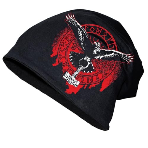 Herren Long Beanie Mütze Odins Raben mit Thors Hammer Wikinger Nordic Norse skal von SONS OF ODIN