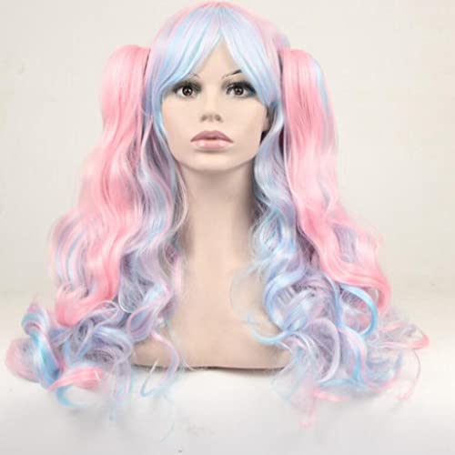 Lange Lockige Pferdeschwanz Perücke, Doppelte Pferdeschwanz Lockig Blau Rosa Anime Full Head Perücke, Cosplay Perücke, Geeignet Für Damen Und Mädchen Party Halloween Perücke Cap von SOYDAN