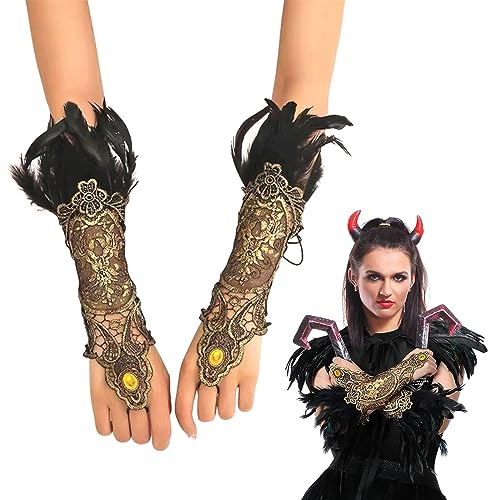 SPERMUOY Schwarz Feder Lange Handschuhe Federn Armbänder Damen Gothic Feder Manschetten Federarmband für Faschingsball, Halloween Armbänder zum Cosplay Spiel Party von SPERMUOY