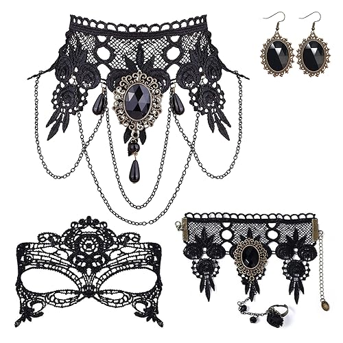 SPERMUOY Halloween Gotisch schmuck set 4 PCS Damen Gotisch Spitze Vampir Armband Lace Collier Spitze maske Ohrringe Schmuck,Victorian Steampunk Retro Halskette Set für Halloween Karneval Kostüm von SPERMUOY