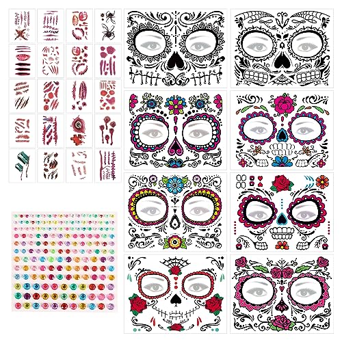 SPERMUOY Halloween Gesicht Temporäre Tattoos，8 Blätter Tag der Toten Tattoo mit Diamant Aufkleber und 20 Blätter Narben Tattoo Aufkleber,Halloween Tag der Tote Tattoos für Halloween Cosplay von SPERMUOY