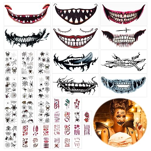 SPERMUOY Gesichtstattoo Halloween mit 10 Halloween Mund Tattoo 10 Schwarz Spinnen Tattoos 20 Halloween Narben Tattoo,Halloween Gruselig Gesichtstattoo für Masquerade Cosplay Party Dekoration von SPERMUOY