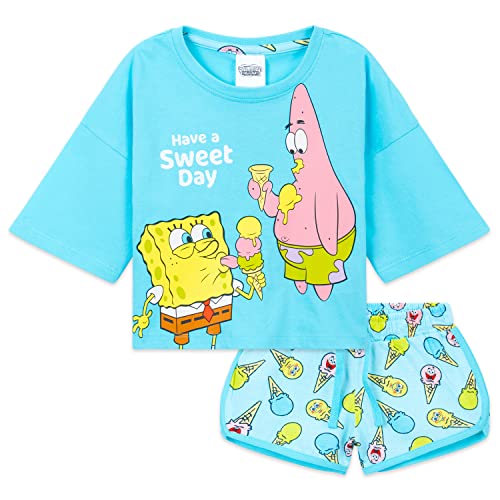 Spongebob Schwammkopf Pyjama Kinder Mädchen - Paar T-Shirt & Schlafanzug Mädchen Kurz - Spongebob Schlafanzug Kurz Mädchen, Kinder Schlafanzug Mädchen, Shorty Pyjamas (Blau, 7-8 Jahre) von SPONGEBOB SQUAREPANTS