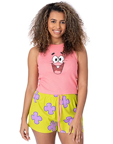 SPONGEBOB SQUAREPANTS Patrick Damen Kurzpyjama | Gerippte rosa Weste mit grünen, korallenfarbenen elastischen Shorts | Animierte TV-Show Merchandise von SPONGEBOB SQUAREPANTS