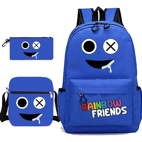 SPSMOKH 3-teiliges Set mit buntem Monsterrucksack, Cyan-Looky Rot, Anime-Spiel-Schultaschen mit Rucksack, Lunch-Tasche, Stifttasche für Kinder, Jungen und Mädchen, Schatzblau, 32*45*13cm, Casual von SPSMOKH