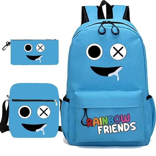 SPSMOKH 3-teiliges Set mit buntem Monsterrucksack, Cyan-Looky Rot, Anime-Spiel-Schultaschen mit Rucksack, Lunch-Tasche, Stifttasche für Kinder, Jungen und Mädchen, himmelblau, 32*45*13cm, Casual von SPSMOKH