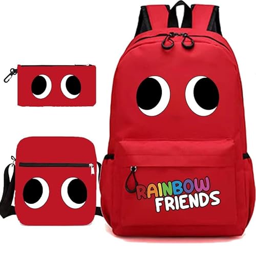 SPSMOKH 3-teiliges Set mit buntem Monsterrucksack, Cyan-Looky Rot, Anime-Spiel-Schultaschen mit Rucksack, Lunch-Tasche, Stifttasche für Kinder, Jungen und Mädchen, rot, 32*45*13cm, Casual von SPSMOKH