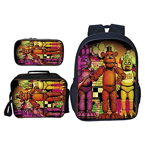 SPSMOKH Five Nights Game FNAF Rucksack, 3-teiliges Set, inklusive Lunchbag, Schultasche und Federmäppchen für Kinder, Jungen, Mädchen, Teenager, B, 40*30*16cm, Casual von SPSMOKH