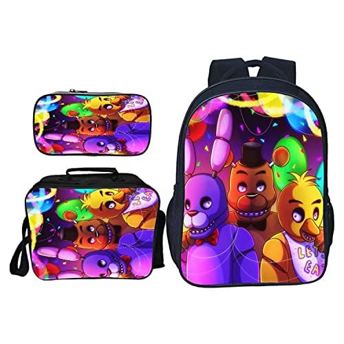 SPSMOKH Five Nights Game FNAF Rucksack, 3-teiliges Set, inklusive Lunchbag, Schultasche und Federmäppchen für Kinder, Jungen, Mädchen, Teenager, C, 40*30*16cm, Casual von SPSMOKH