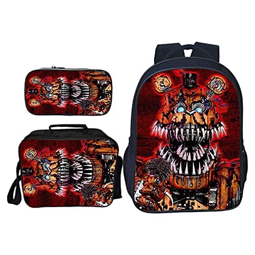 SPSMOKH Five Nights Game FNAF Rucksack, 3-teiliges Set, inklusive Lunchbag, Schultasche und Federmäppchen für Kinder, Jungen, Mädchen, Teenager, D, 40*30*16cm, Casual von SPSMOKH