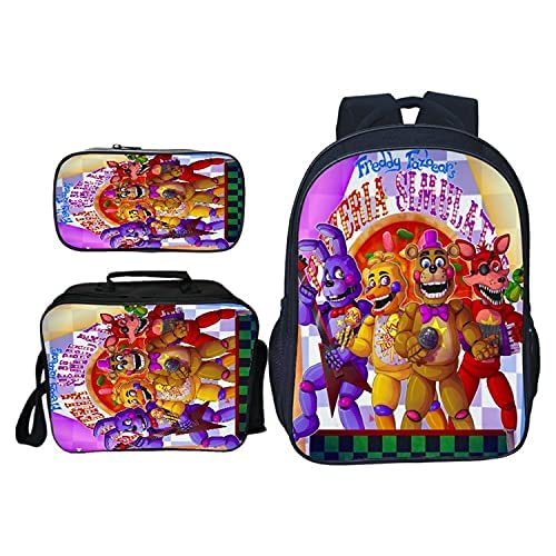 SPSMOKH Five Nights Game FNAF Rucksack, 3-teiliges Set, inklusive Lunchbag, Schultasche und Federmäppchen für Kinder, Jungen, Mädchen, Teenager, F, 40*30*16cm, Casual von SPSMOKH