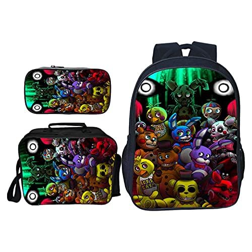 SPSMOKH Five Nights Game FNAF Rucksack, 3-teiliges Set, inklusive Lunchbag, Schultasche und Federmäppchen für Kinder, Jungen, Mädchen, Teenager, e, 40*30*16cm, Casual von SPSMOKH