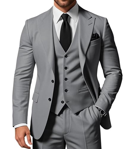 SPTALLFITJSV Herren 3-teiliger Anzug Slim Fit Peak Lapel 2-Knopf Blazer Jacke Weste Hose Set Hochzeit Business Abiball Party Anzug, GRAU, M SPTALLFITJSV Herren 3-teiliger Anzug Slim Fit Peak Lapel 2-Knopf Blazer Jacke Weste Hose Set Hochzeit Business Abiball Party Anzug, GRAU, M von SPTALLFITJSV