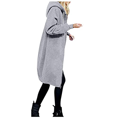 SRZYMJ Frühlingsmantel Damen Elegant, Mantel Frühling Elegant lässige feste volle Reißverschluss Kapuze mit Auszug Saiten Langarmtasche Long Mantle Outdoor- Filzmantel Winter Grau Kapuzenjacke von SRZYMJ