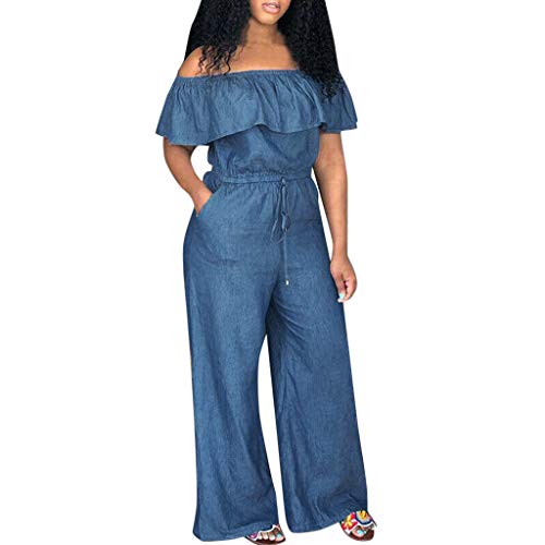 SSLLH Denim Jumpsuit Damen Carmen Ausschnitt Overall mit Taschen Lang Lässig Boyfriend Stylisch Jeansoptik Hose für Frauen Elastischer Bund Latzhose Jeans mit Kordelzug Lange Hose Freizeithose Romper von SSLLH