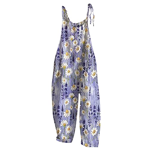 SSLLH Jumpsuit Damen Elegant Boho Lang Breites Bein Overalls Leinen Vintage Blumen Drucken Weite Bein Latzhose für Mädchen Oversize Ärmellos Sexy Einteiler Rompers Leichte Atmungsaktive Playsuits von SSLLH