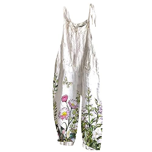 SSLLH Jumpsuit Damen Elegant Boho Lang Breites Bein Overalls Leinen Vintage Blumen Drucken Weite Bein Latzhose für Mädchen Oversize Ärmellos Sexy Einteiler Rompers Leichte Atmungsaktive Playsuits von SSLLH