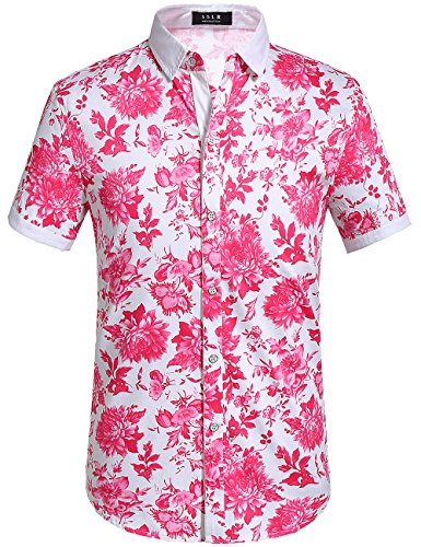 SSLR Hawaii Hemd Männer, Herren Kurzarm Floral Sommer Freizeit Hemden, Baumwolle Kurzarm T Shirt für Herren Button Down & Casual Design (3X-Large, Rosa) von SSLR