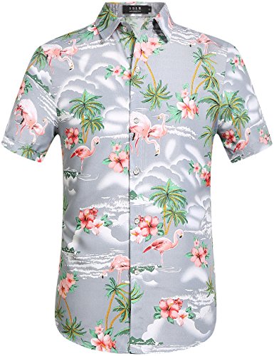 SSLR Herren Hemd Hawaiihemd Kurzarm Flamingos 3D Gedruckt Freizeithemd Button Down Aloha Shirt (Large, Hellgrau) von SSLR