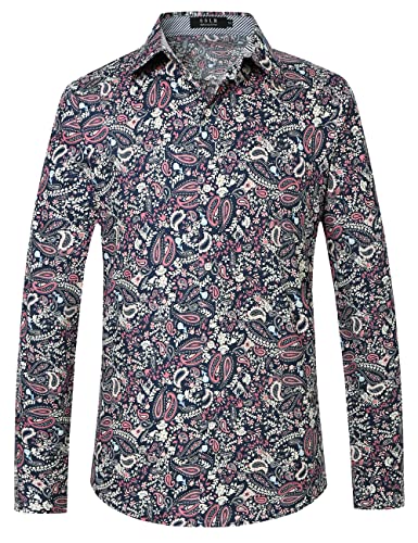 SSLR Herren Langarmshirt Hawaii Hemd Männer Floral Gedruckt Hemd Herren Langarm Button Down Longsleeve Baumwolle Herrenhemd Freizeithemden (X-Large, Marine Rosa) von SSLR