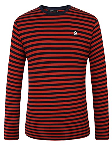 SSLR Herren-T-Shirt, gestreift, Rundhalsausschnitt, Baumwolle, langärmelig, T-Shirt für Herren, Rot / Marineblau, X-Groß von SSLR