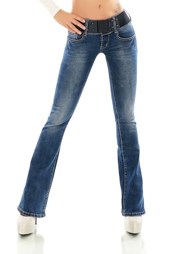 Damen Bootcut Jeans Hose Schlag Schlaghose Denim Stretch Gürtel XS-XL (DE/NL/SE/PL, Alphanumerisch, L, Regular, Regular, Dunkelblau-W382) von STIDIA